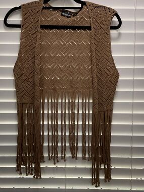 Allen B. Cotton blend Crochet Fringe Open-Front Vest in Brown